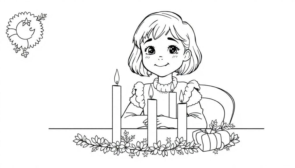 Schwarz-Weiß-Ausmalbild eines lächelnden jungen Mädchens mit kurzen Haaren, das hinter einem Tisch mit brennenden Kerzen, einem Kürbis und herbstlicher Dekoration sitzt.