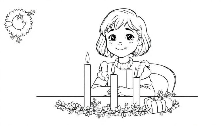 Schwarz-Weiß-Ausmalbild eines lächelnden jungen Mädchens mit kurzen Haaren, das hinter einem Tisch mit brennenden Kerzen, einem Kürbis und herbstlicher Dekoration sitzt.