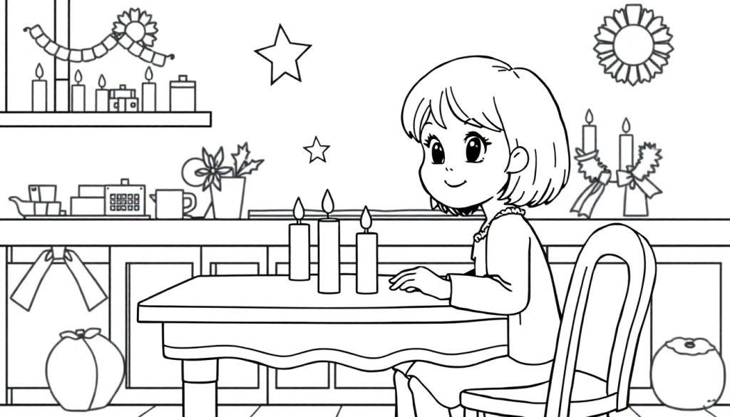 Schwarz-Weiß-Ausmalbild eines kleinen Mädchens mit kurzen Haaren und einem Lächeln, das an einem Tisch sitzt. Auf dem Tisch stehen drei Kerzen. Im Hintergrund sind weitere Kerzen, Geschenkboxen, Sterne und eine Girlande dekoriert.