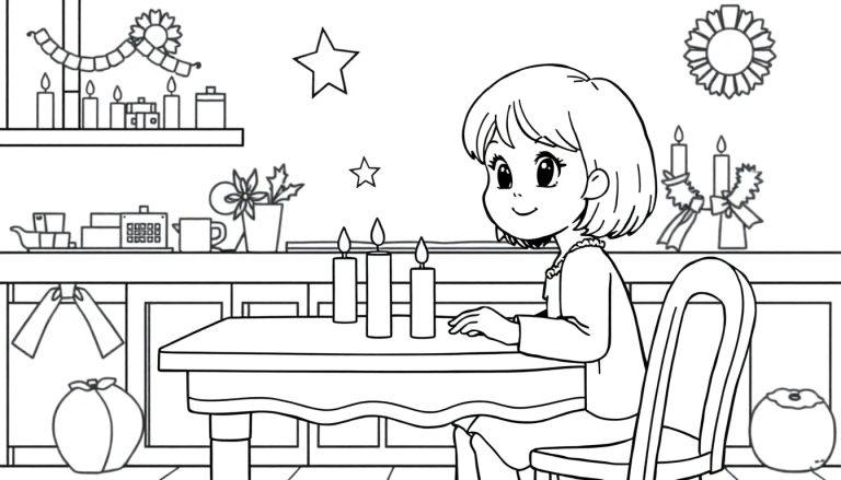Schwarz-Weiß-Ausmalbild eines kleinen Mädchens mit kurzen Haaren und einem Lächeln, das an einem Tisch sitzt. Auf dem Tisch stehen drei Kerzen. Im Hintergrund sind weitere Kerzen, Geschenkboxen, Sterne und eine Girlande dekoriert.