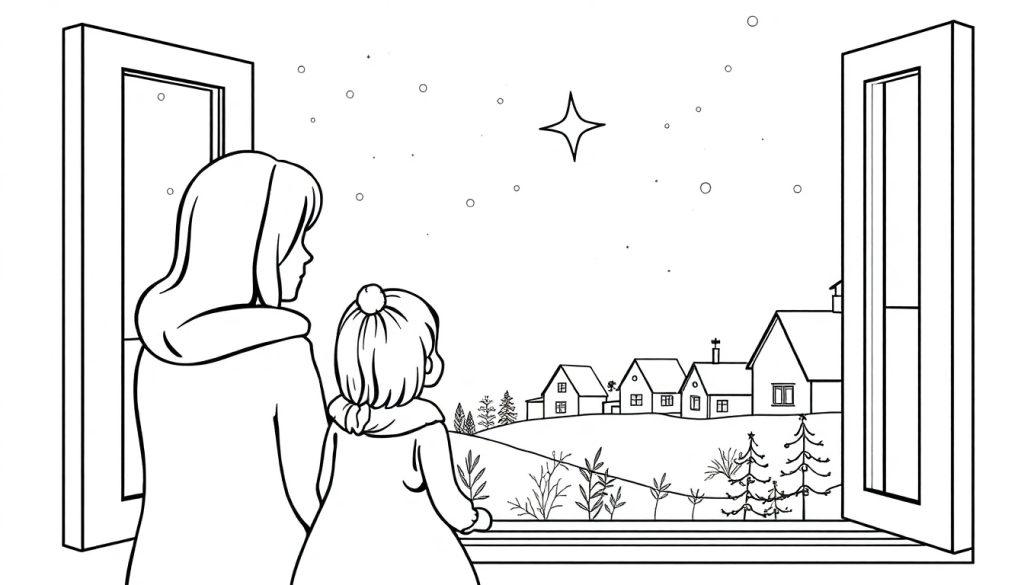 Schwarz-weiße Ausmalzeichnung einer winterlichen Nachtszene, die durch ein Fenster betrachtet wird. Eine erwachsene Person und ein Kind blicken auf ein verschneites Dorf mit geschmückten Weihnachtsbäumen. Ein großer Stern leuchtet am Himmel.