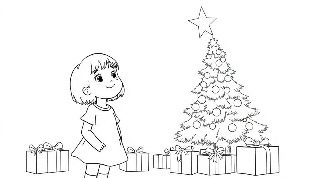 Ausmalbild eines kleinen Mädchens mit kurzen Haaren, das fröhlich nach oben blickt, rechts daneben ein großer, mit Kugeln geschmückter Weihnachtsbaum mit Stern, und darunter mehrere Geschenkpakete mit Schleifen.
