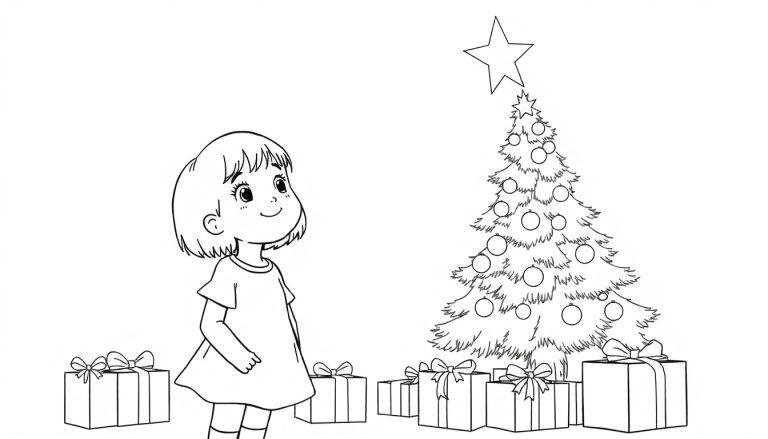 Ausmalbild eines kleinen Mädchens mit kurzen Haaren, das fröhlich nach oben blickt, rechts daneben ein großer, mit Kugeln geschmückter Weihnachtsbaum mit Stern, und darunter mehrere Geschenkpakete mit Schleifen.