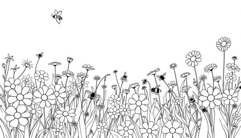 Ausmalbild einer lebendigen Blumenwiese mit vielen Gänseblümchen, Gräsern und summenden Bienen im Vordergrund und einer einzelnen Biene im oberen Bereich auf weißem Hintergrund.