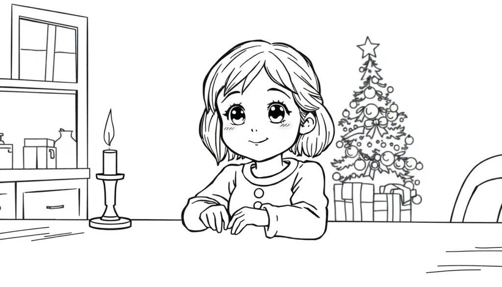 Schwarz-Weiß-Strichzeichnung einer Weihnachtsszene zum Ausmalen: Ein Mädchen sitzt an einem Tisch, im Hintergrund ein Weihnachtsbaum und ein Fenster.
