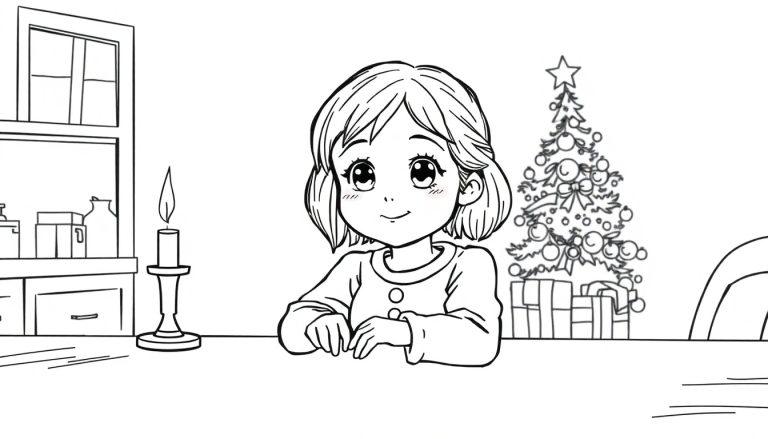 Schwarz-Weiß-Strichzeichnung einer Weihnachtsszene zum Ausmalen: Ein Mädchen sitzt an einem Tisch, im Hintergrund ein Weihnachtsbaum und ein Fenster.