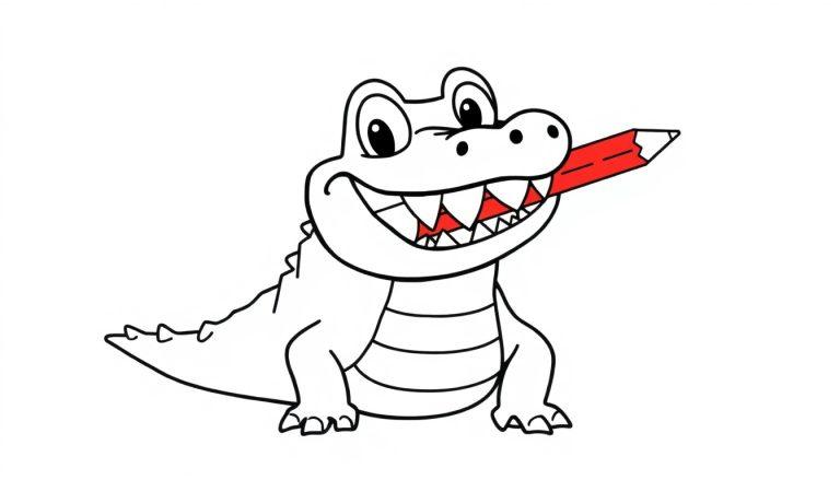 Ausmalbild eines lächelnden Krokodils, das einen roten Bleistift hält. Einfache Schwarz-Weiß-Zeichnung für Kinder.