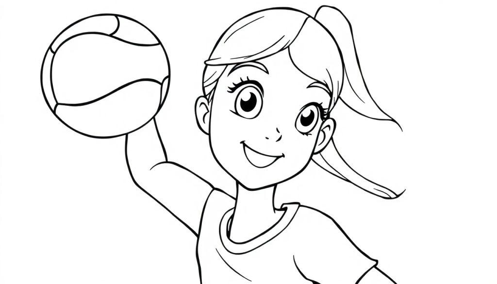 Schwarz-Weiß-Malvorlage eines lächelnden Mädchens, das einen Volleyball hält, mit ihrem Haar im Pferdeschwanz.