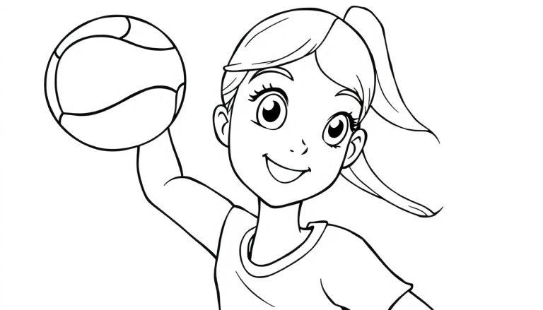 Schwarz-Weiß-Malvorlage eines lächelnden Mädchens, das einen Volleyball hält, mit ihrem Haar im Pferdeschwanz.