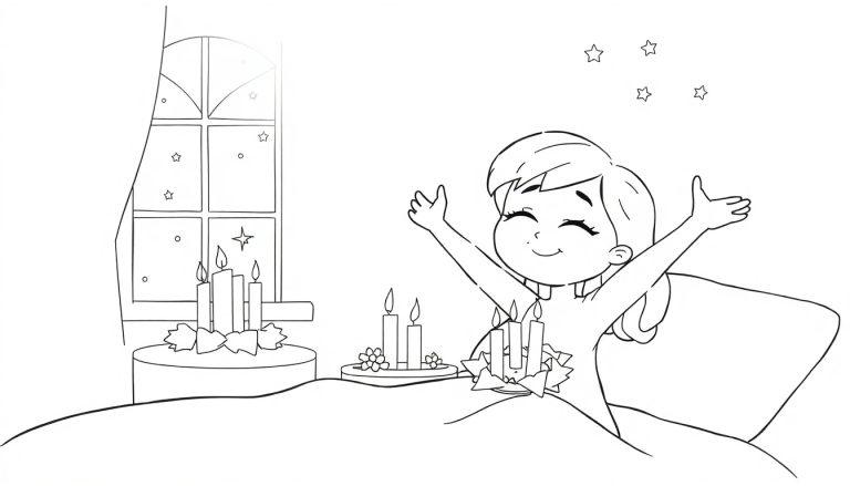 Schwarz-Weiß-Ausmalbild eines Mädchens, das im Bett aufwacht, mit Kerzen und Sternen dekoriert.
