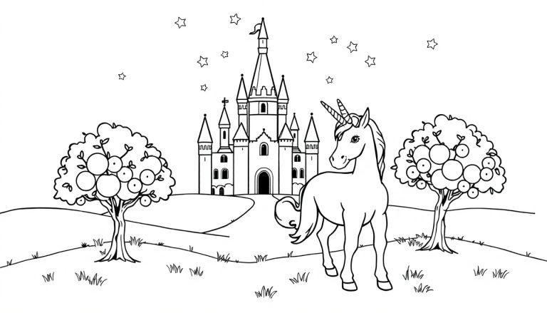 Schwarz-Weiß-Ausmalbild einer Fantasiewelt mit einem großen Schloss, einem Einhorn, Apfelbäumen und einem hügeligen Weg unter einem Sternenhimmel.
