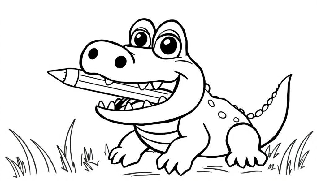 Schwarz-weiße Zeichnung eines lächelnden Cartoon-Krokodils, das auf einem Grasboden sitzt und einen Bleistift hält.