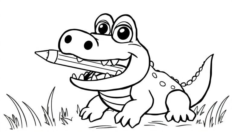 Schwarz-weiße Zeichnung eines lächelnden Cartoon-Krokodils, das auf einem Grasboden sitzt und einen Bleistift hält.
