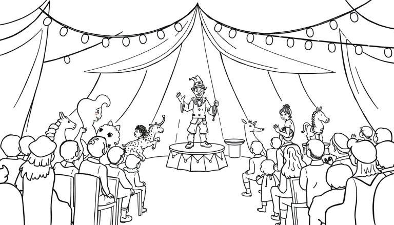 Malvorlage einer Zirkusshow mit Clown, Tieren, Künstlern und Publikum unter einem Zelt.