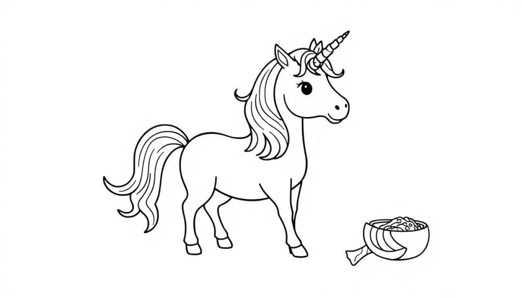 Schwarz-Weiß-Zeichnung eines niedlichen Cartoon-Einhorns mit Futter-Schüssel auf weißem Hintergrund.