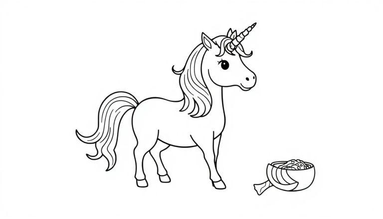 Schwarz-Weiß-Zeichnung eines niedlichen Cartoon-Einhorns mit Futter-Schüssel auf weißem Hintergrund.
