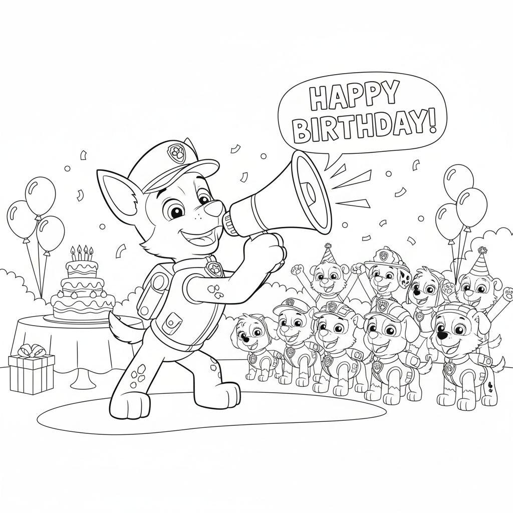 Paw Patrol Geburtstag Ausmalbild: Chase ruft mit Megafon 'Happy Birthday!' zu einer jubelnden Gruppe von Paw Patrol Welpen neben Geburtstagstorte und Geschenken.