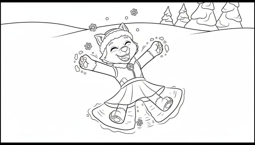 Everest von Paw Patrol macht einen Schneeengel in einer verschneiten Winterlandschaft, trägt eine Mütze und lacht fröhlich.