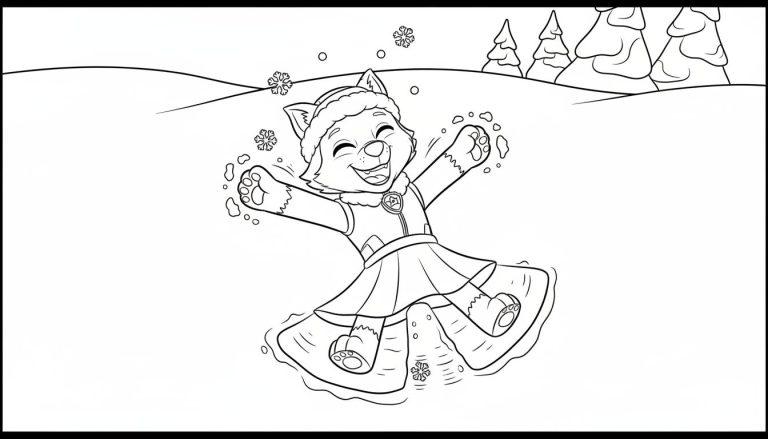 Everest von Paw Patrol macht einen Schneeengel in einer verschneiten Winterlandschaft, trägt eine Mütze und lacht fröhlich.