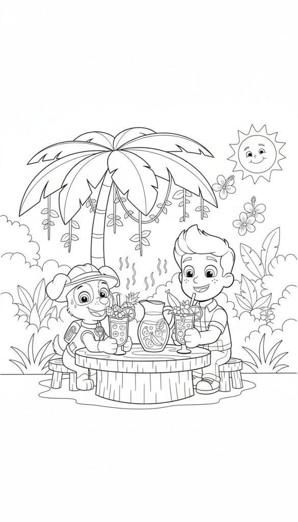 Schwarz-weißes Ausmalbild: Paw Patrols Ryder und Rubble sitzen an einem Tisch unter einer Palme, trinken erfrischende Fruchtgetränke. Eine Kanne, weitere Gläser, tropische Pflanzen und eine lachende Sonne sind ebenfalls zu sehen. Sie sind entspannt und glücklich.
