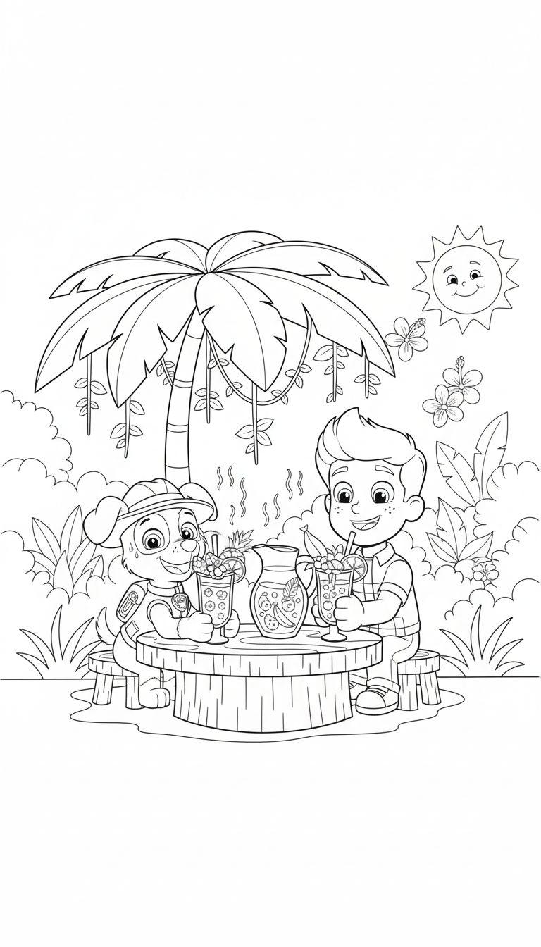 Schwarz-weißes Ausmalbild: Paw Patrols Ryder und Rubble sitzen an einem Tisch unter einer Palme, trinken erfrischende Fruchtgetränke. Eine Kanne, weitere Gläser, tropische Pflanzen und eine lachende Sonne sind ebenfalls zu sehen. Sie sind entspannt und glücklich.