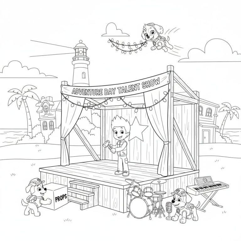 Paw Patrol Malvorlage: Ryder baut auf der Bühne der Adventure Bay Talentshow, Rubble schiebt Requisiten, Marshall sitzt mit Mikrofon und Instrumenten, Skye fliegt mit Lichterkette. Im Hintergrund Leuchtturm und Palmen.