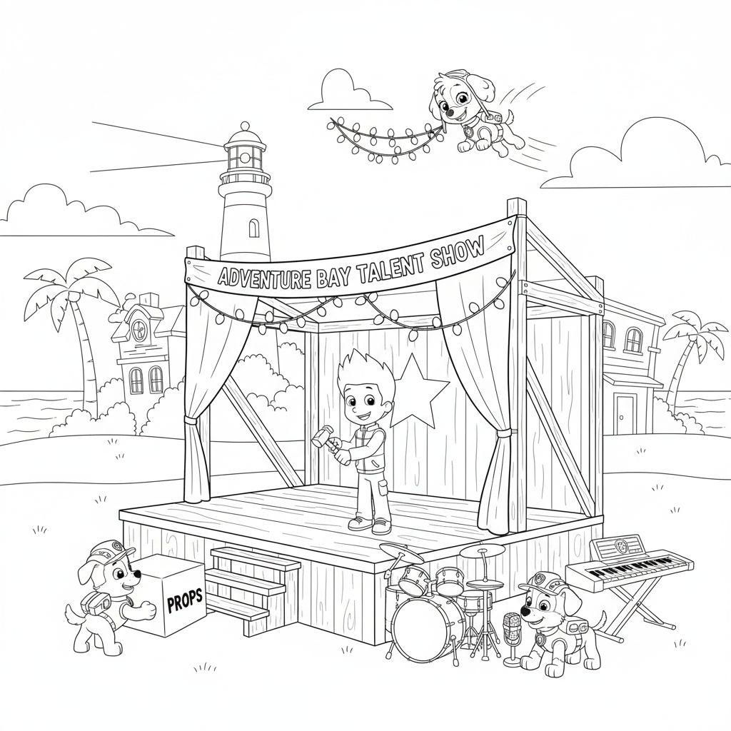 Paw Patrol Malvorlage: Ryder baut auf der Bühne der Adventure Bay Talentshow, Rubble schiebt Requisiten, Marshall sitzt mit Mikrofon und Instrumenten, Skye fliegt mit Lichterkette. Im Hintergrund Leuchtturm und Palmen.