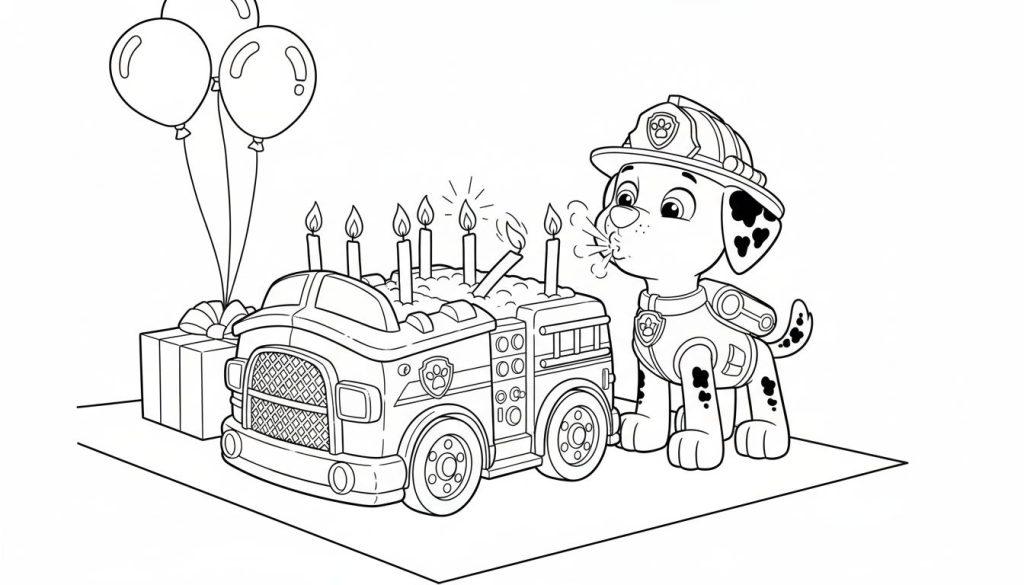 Schwarz-weiß Ausmalbild von Marshall, dem Paw Patrol Dalmatiner, der eine Kerze auf einem Feuerwehrauto-förmigen Geburtstagskuchen ausbläst. Die Szene zeigt auch sieben Kerzen (eine umgefallen), ein eingepacktes Geschenk und drei Ballons.