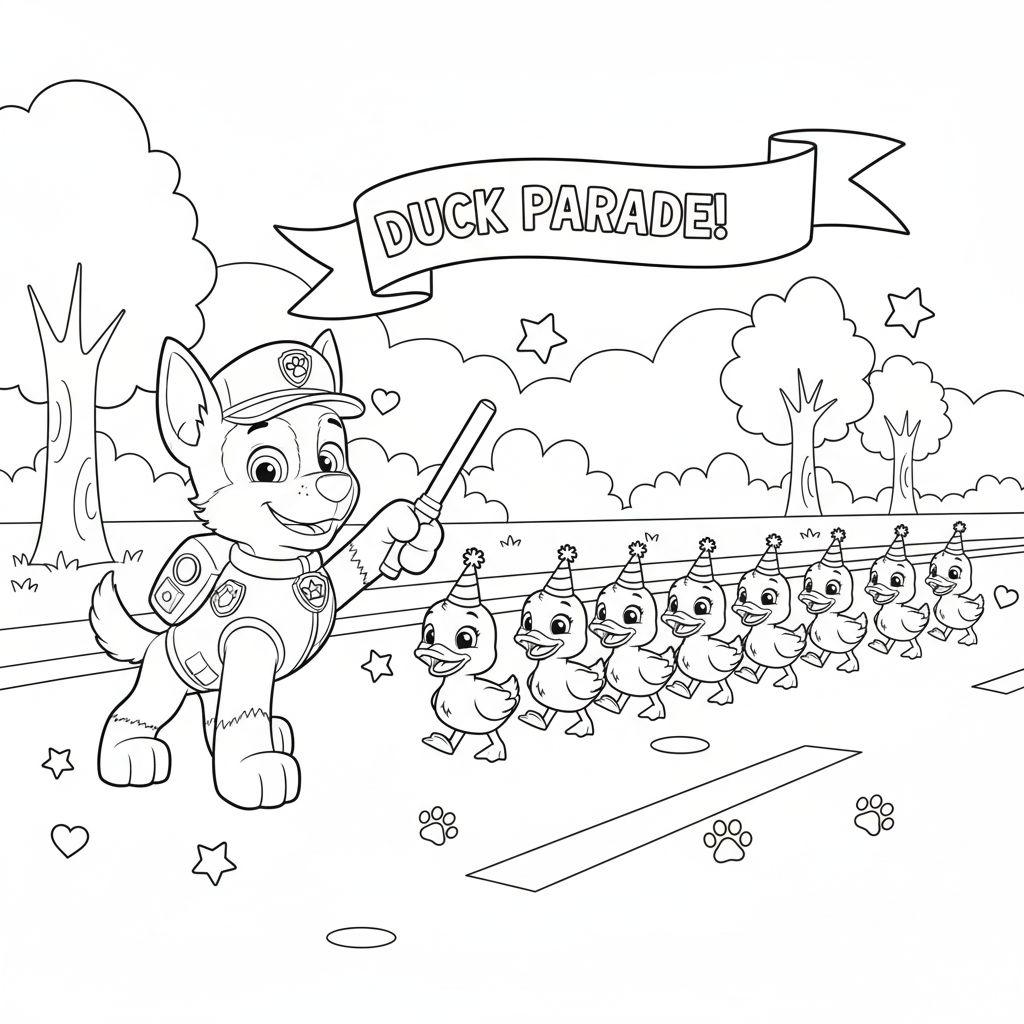Ausmalbild: Chase von Paw Patrol führt eine Entenparade mit neun Entchen in Partyhüten an, unter einem "DUCK PARADE!" Banner vor einer Landschaft mit Sternen und Herzen.