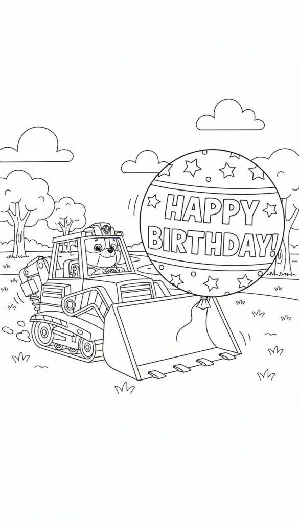 Ausmalbild: Rubble-ähnlicher Hund im Bagger mit 'HAPPY BIRTHDAY!'-Ballon im Freien.