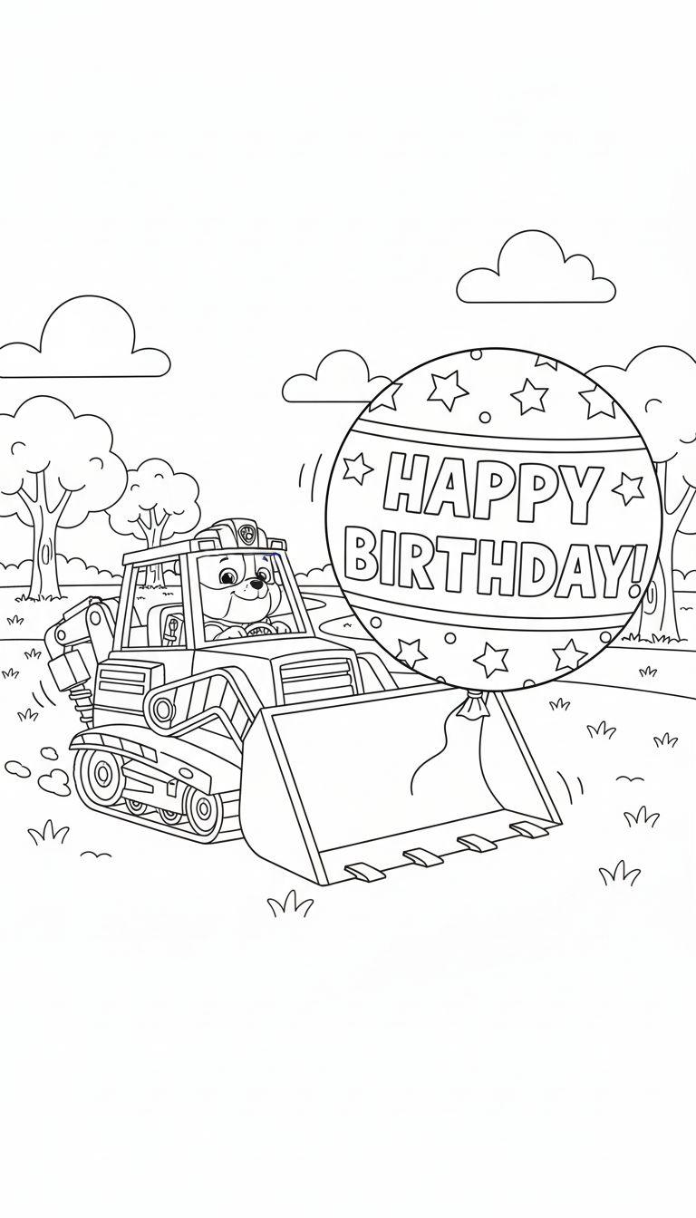 Ausmalbild: Rubble-ähnlicher Hund im Bagger mit 'HAPPY BIRTHDAY!'-Ballon im Freien.