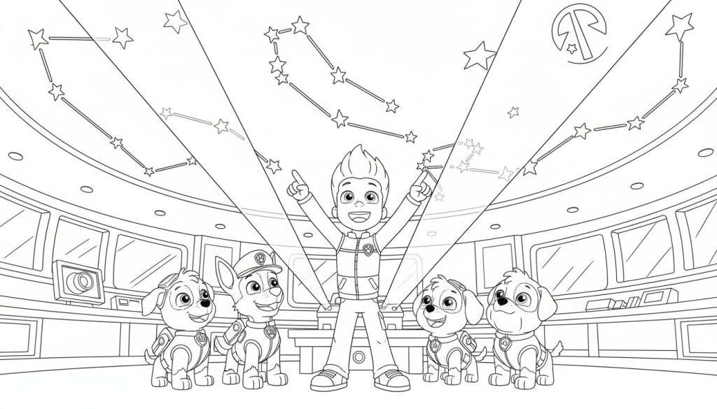Ryder und vier Paw Patrol Welpen (Chase, Skye, Rubble, ein weiterer) in einer Raumschiff-Kontrollzentrale unter einem Sternenhimmel, alle fröhlich nach oben blickend.