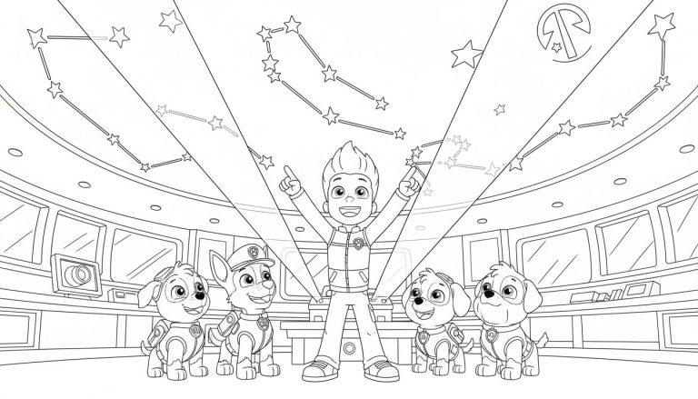 Ryder und vier Paw Patrol Welpen (Chase, Skye, Rubble, ein weiterer) in einer Raumschiff-Kontrollzentrale unter einem Sternenhimmel, alle fröhlich nach oben blickend.