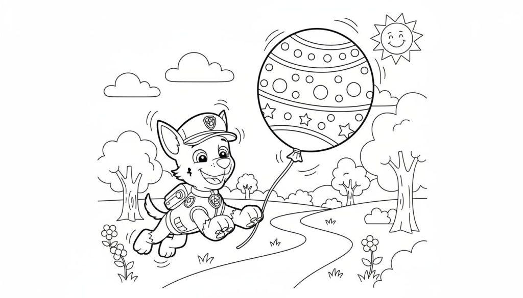 Schwarz-Weiß-Ausmalbild: Fröhlicher Hund (ähnlich Chase von Paw Patrol) rennt mit großem gemusterten Ballon durch Outdoor-Landschaft mit Sonne, Bäumen und Blumen. Bewegung wird durch Linien angedeutet.