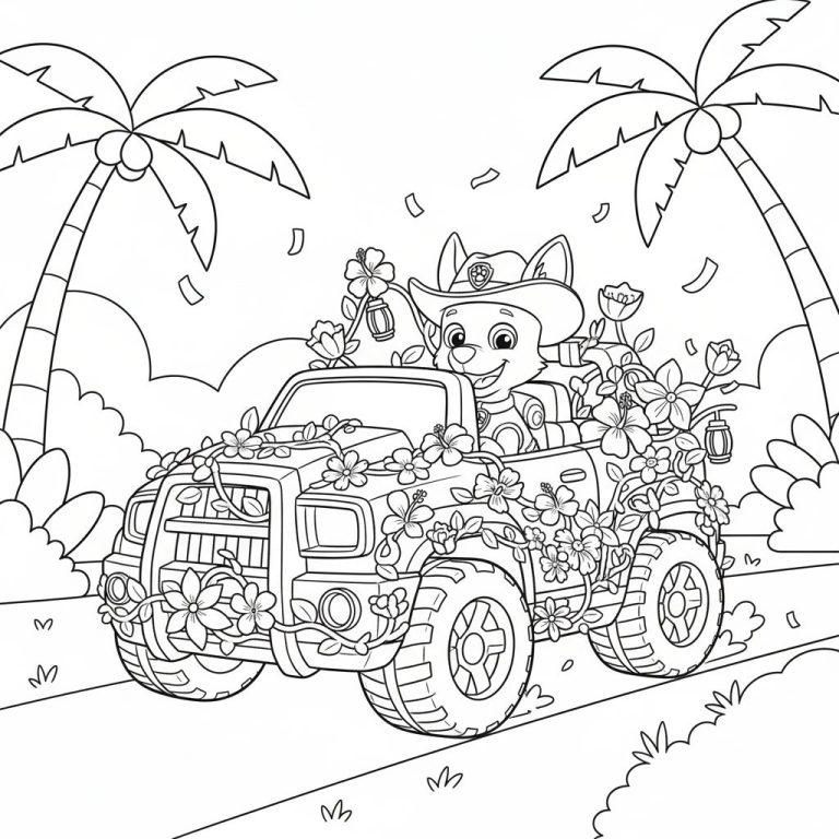 Ausmalseite: Fröhlicher Cartoon-Hund Tracker mit Cowboyhut fährt blumengeschmückten Jeep, umgeben von Palmen und fliegenden Blütenblättern, festliche Sommerstimmung.