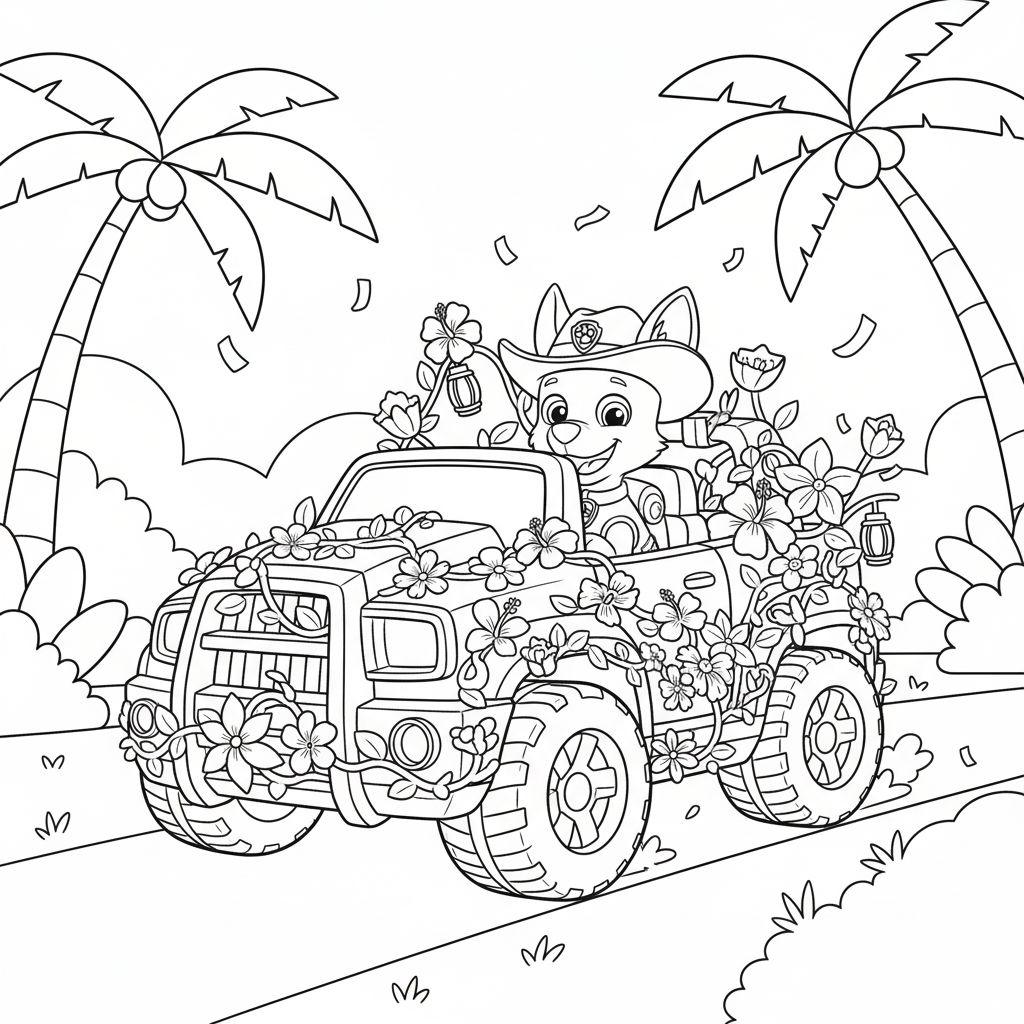 Ausmalseite: Fröhlicher Cartoon-Hund Tracker mit Cowboyhut fährt blumengeschmückten Jeep, umgeben von Palmen und fliegenden Blütenblättern, festliche Sommerstimmung.