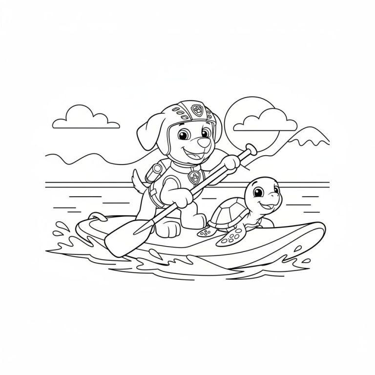 Schwarz-weiß-Zeichnung eines fröhlichen Hundes (Zuma) mit Helm und Schwimmweste, der mit einer lächelnden Schildkröte in einem Boot paddelt. Im Hintergrund sind Wasser mit Wellen, Hügel und Wolken zu sehen.