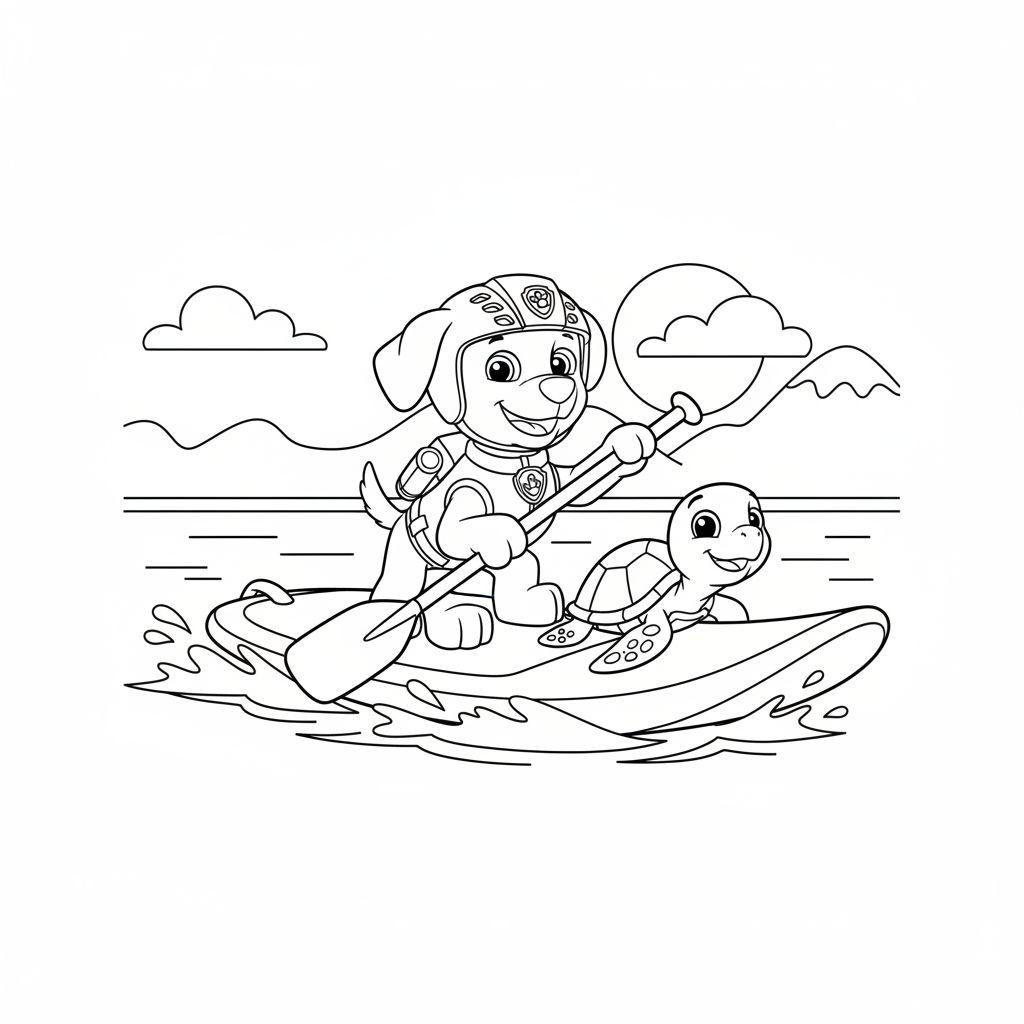 Schwarz-weiß-Zeichnung eines fröhlichen Hundes (Zuma) mit Helm und Schwimmweste, der mit einer lächelnden Schildkröte in einem Boot paddelt. Im Hintergrund sind Wasser mit Wellen, Hügel und Wolken zu sehen.