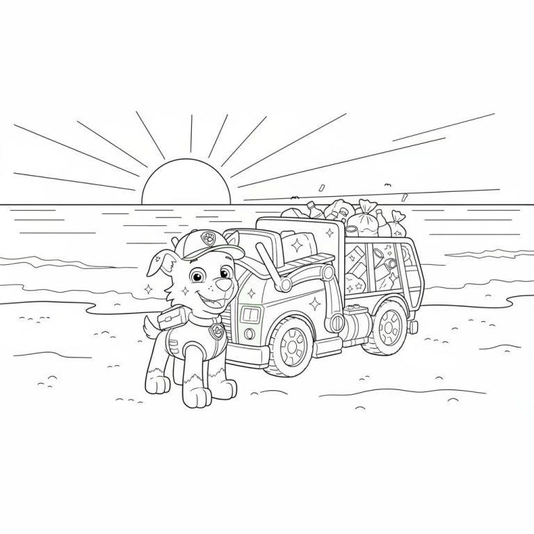 Schwarz-Weiß-Ausmalbild von Rocky von Paw Patrol, der fröhlich vor einem Recycling-Müllwagen am Strand steht, während die Sonne auf- oder untergeht. Der Wagen ist mit Müllsäcken beladen.