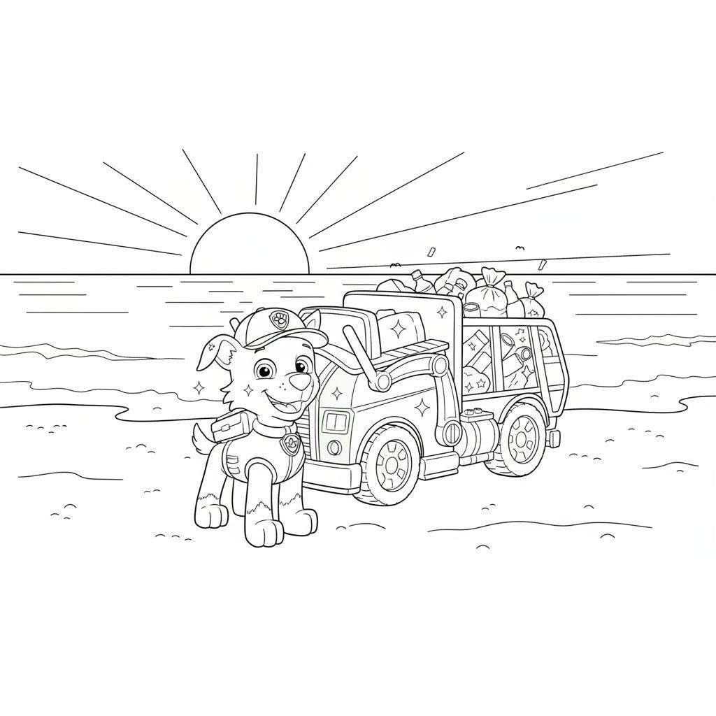 Schwarz-Weiß-Ausmalbild von Rocky von Paw Patrol, der fröhlich vor einem Recycling-Müllwagen am Strand steht, während die Sonne auf- oder untergeht. Der Wagen ist mit Müllsäcken beladen.