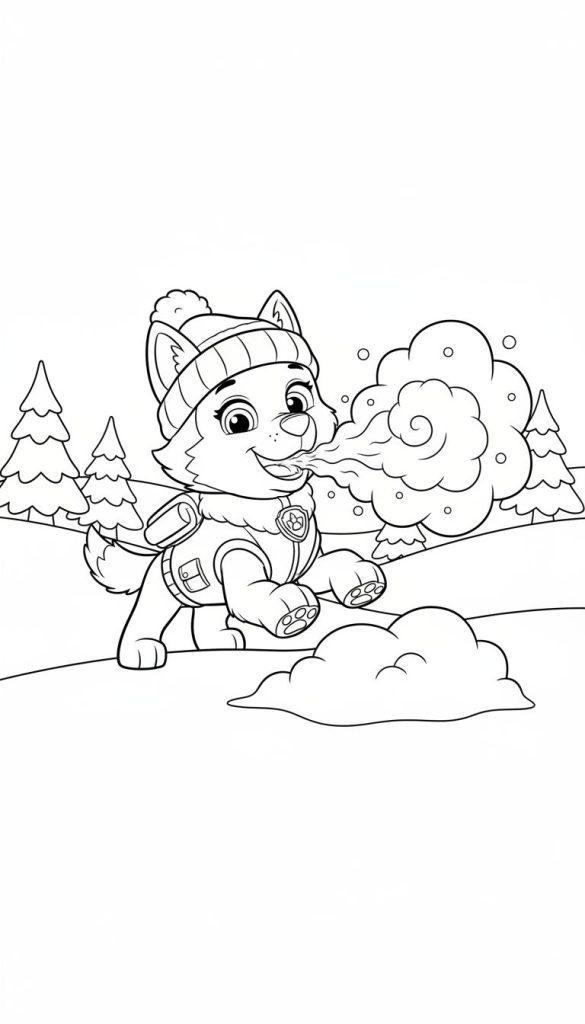 Schwarz-weiß-Malvorlage von Everest aus Paw Patrol mit Wintermütze und Mantel, die auf einem schneebedeckten Hügel kalte Atemwolken bläst, mit Tannenbäumen im Hintergrund.