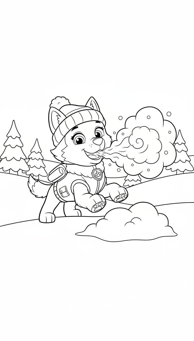 Schwarz-weiß-Malvorlage von Everest aus Paw Patrol mit Wintermütze und Mantel, die auf einem schneebedeckten Hügel kalte Atemwolken bläst, mit Tannenbäumen im Hintergrund.