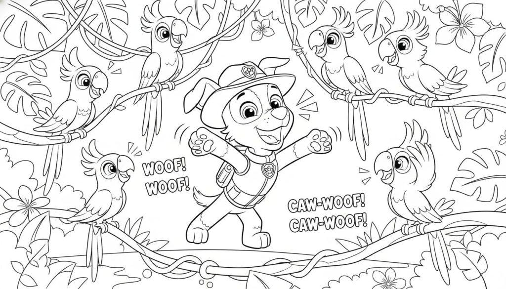 Schwarz-weiße Malvorlage: Ein springender, fröhlicher Hund namens Tracker mit Hut und Rucksack umgeben von sechs lachenden Papageien in einem dichten tropischen Dschungel.