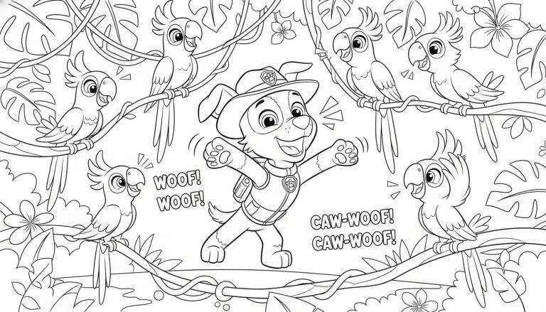 Schwarz-weiße Malvorlage: Ein springender, fröhlicher Hund namens Tracker mit Hut und Rucksack umgeben von sechs lachenden Papageien in einem dichten tropischen Dschungel.