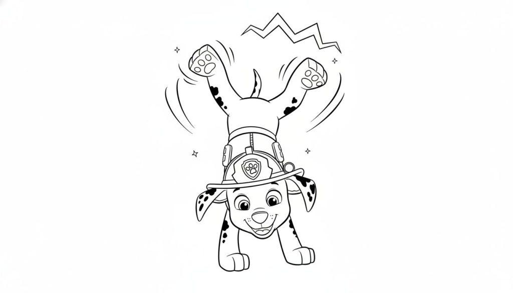 Marshall von Paw Patrol als Dalmatiner-Feuerwehrhund macht einen Handstand auf einer Malvorlage. Er trägt einen Helm und lächelt, umgeben von Bewegungslinien.