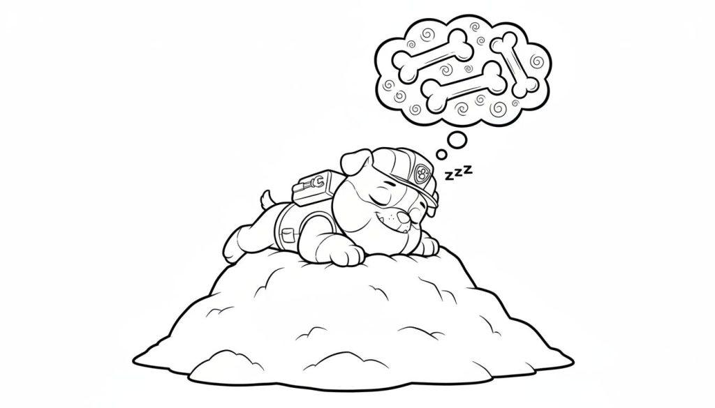 Schwarz-weißes Ausmalbild von Rubble (Paw Patrol), der mit Bauhelm auf einem Erdhaufen schläft und von Hundenknochen träumt.