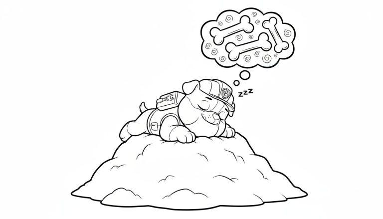 Schwarz-weißes Ausmalbild von Rubble (Paw Patrol), der mit Bauhelm auf einem Erdhaufen schläft und von Hundenknochen träumt.