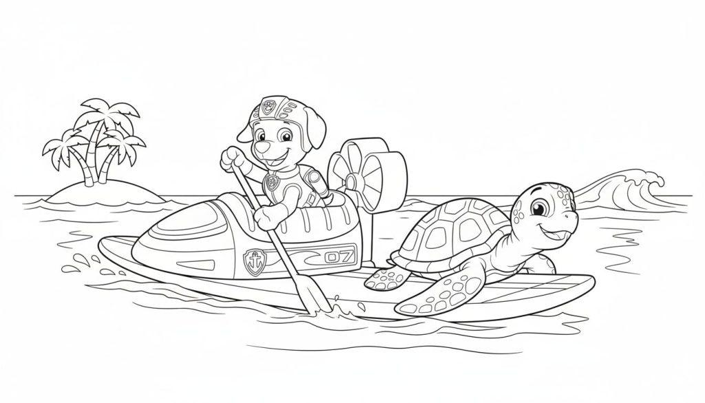 Ausmalseite mit Zuma-ähnlichem Hund in orangefarbenem Hovercraft und lachender Schildkröte auf Surfbrett auf dem Wasser vor tropischer Inselkulisse.