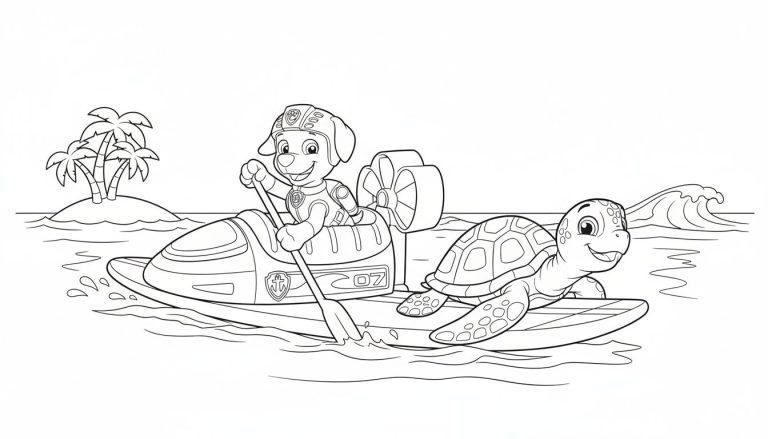 Ausmalseite mit Zuma-ähnlichem Hund in orangefarbenem Hovercraft und lachender Schildkröte auf Surfbrett auf dem Wasser vor tropischer Inselkulisse.