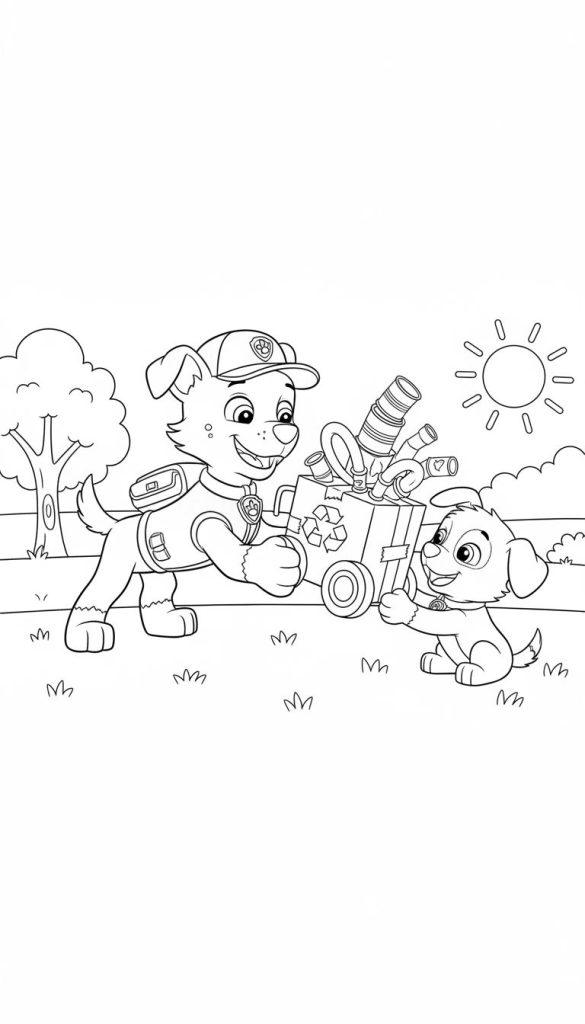 Paw Patrol Rocky mit Kappe und Rucksack und ein kleiner Welpe schieben einen Recycling-Karren voller Wertstoffe durch eine grüne Landschaft unter einer lächelnden Sonne.